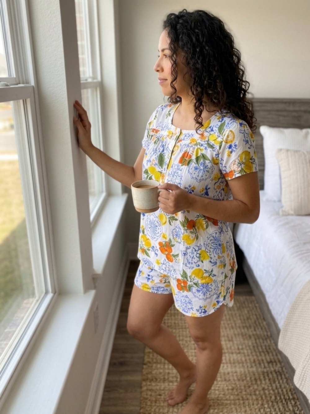 Johnny Was White Floral Short Pajama Set with Yellow, Orange & Blue Print